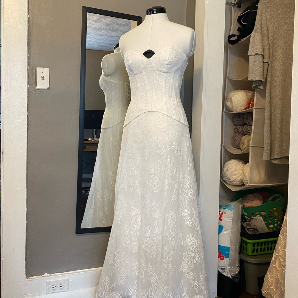 Azazie White Strapless Lace Corset Maxi Dress